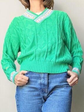 Vintage Head Cableknit Green V-neck Sweater S 90s Preppy Retro Tenniscore